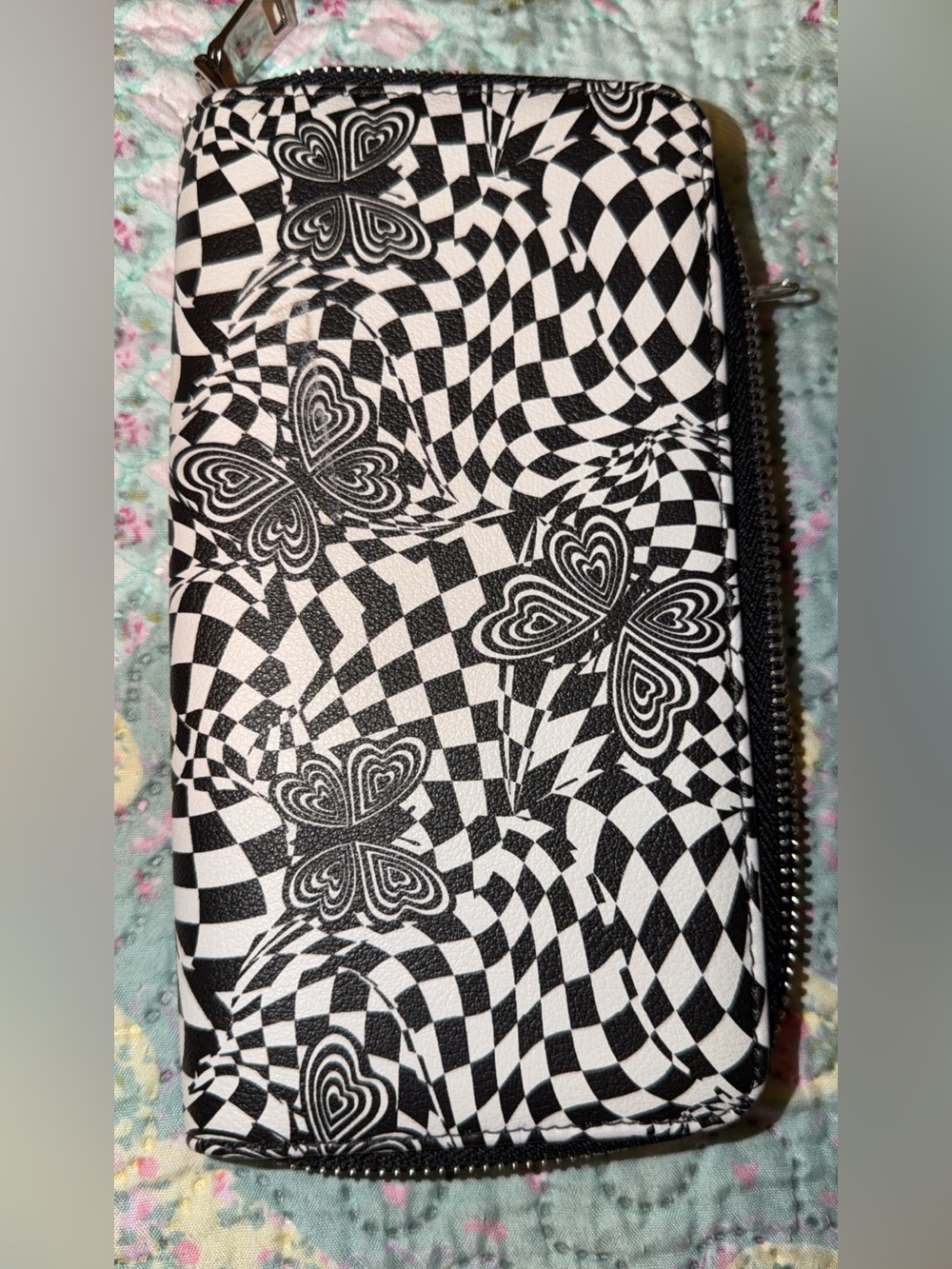 Black & White Butterfly Checkerboard Zip Wallet